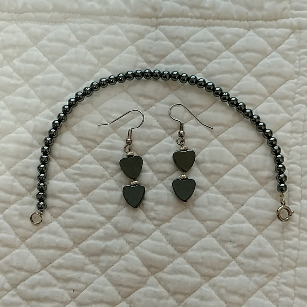 Hematite Heart Earrings & Bracelet
